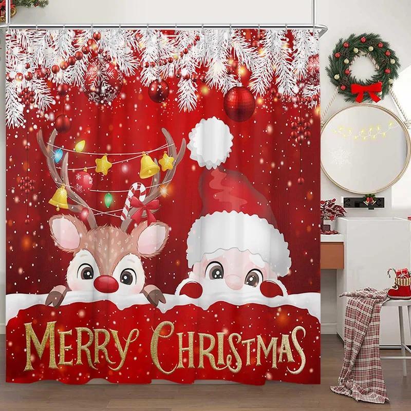 Christmas Shower Curtain Santa Claus Snowman Snowflake Elk Pine Leaf Winter Cartoon Home Polyester Fabric Bathroom Decor Curtain