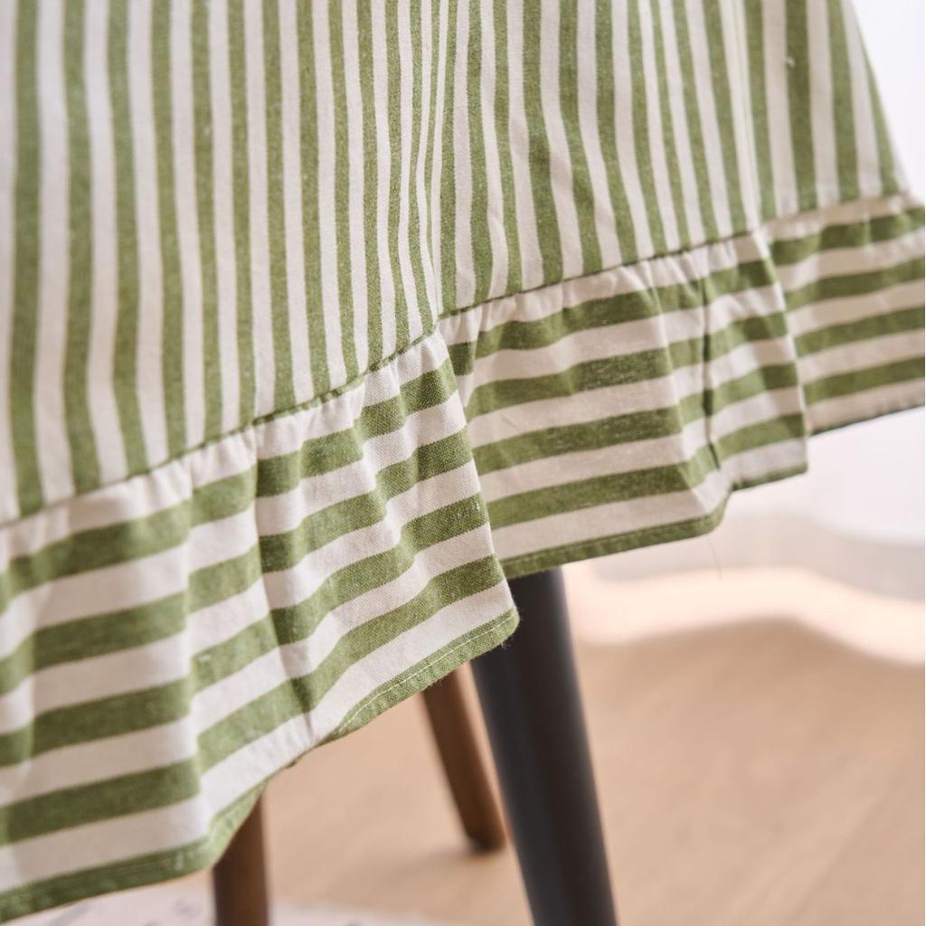Tablecloth French Retro Striped Yarn-Dyed Cotton And Linen Ruffle Edge Striped Green Dining Table Living Room Fabric