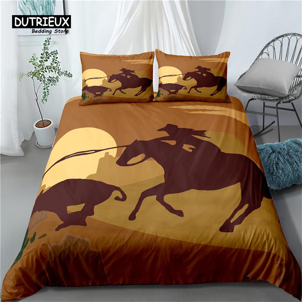 Cowboy Bedding Set Wild West Cowboys Western Style And Horses Themed Duvet Cover Microfiber Quilt Cover For Kids Boys Teen Decor