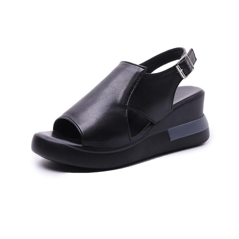 2023 Women's Summer Soft Leather Peep-Toe Wedge Sandals with Thick Soles