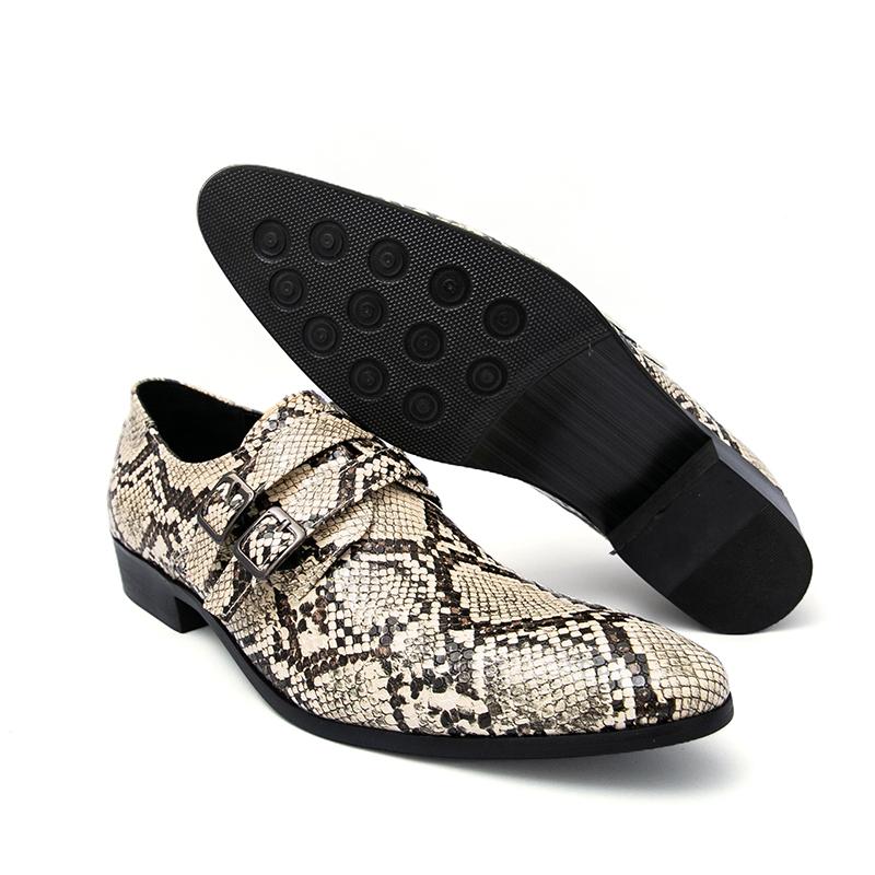 Men Snake Print Chelsea Shoes Double Buckle Pointed Toe Stylish Casual Dress Shoes Luxury Leather Shoes for Men Footwear