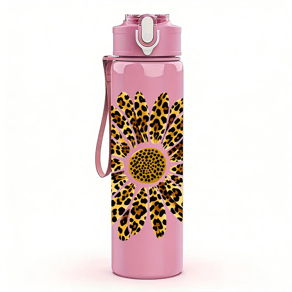 1PC Leopard Sunflower Bloom Graphic,750ml Color Plastic Sports Water Bottle,Leakproof Flip Straw Lid,Suitable for Sports Office Home Use