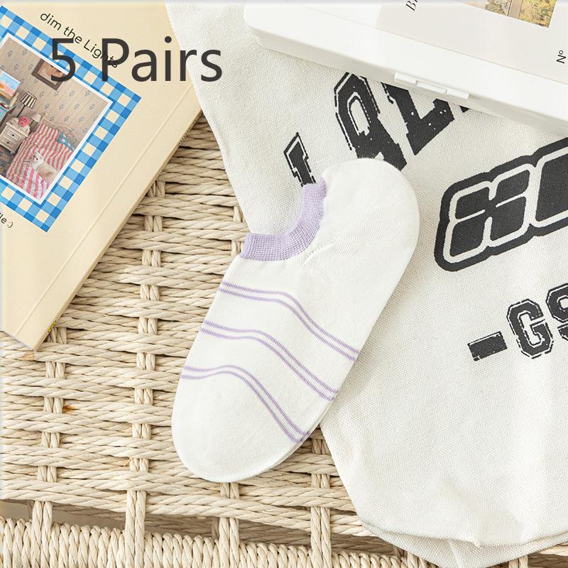 5 Pairs of Women's Summer Thin Style All Match Color Stripe Invisible Socks