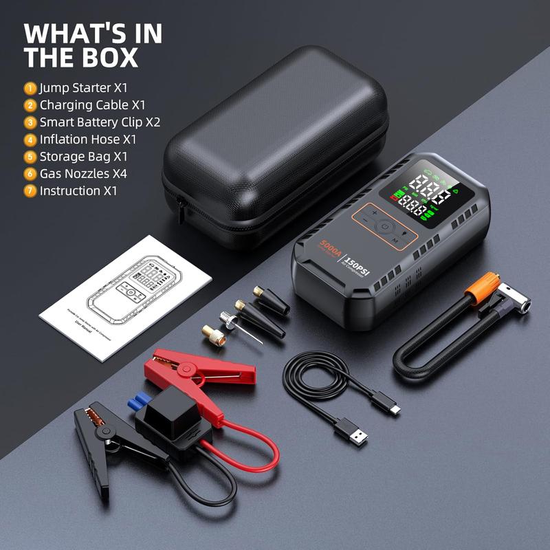 5000A 150PSI Car Jump Starter with Air Compressor Auto Tire Inflator, Large LCD Display, LED Light, for Cars, Bike & Motorcycle