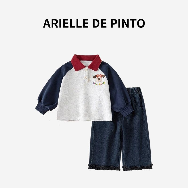 French Arielle De Pinto Girls  Autumn Casual Style Cartoon Dog Embroidered Jeans Set Top + Jeans 110 cm