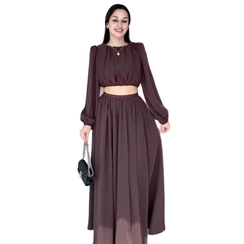 Herbst 2025 Damen Rundhals Langarm Top & A-Linien Rock Set