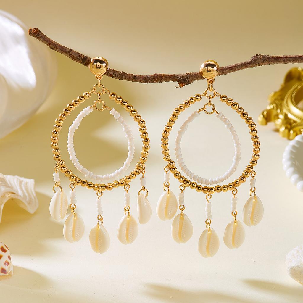 Boho Cowrie Shell Drop Earrings for Women Gold Color Beaded Hoop Tassel Dangle Earring Summer Beach Vacation Jewelry Accessories