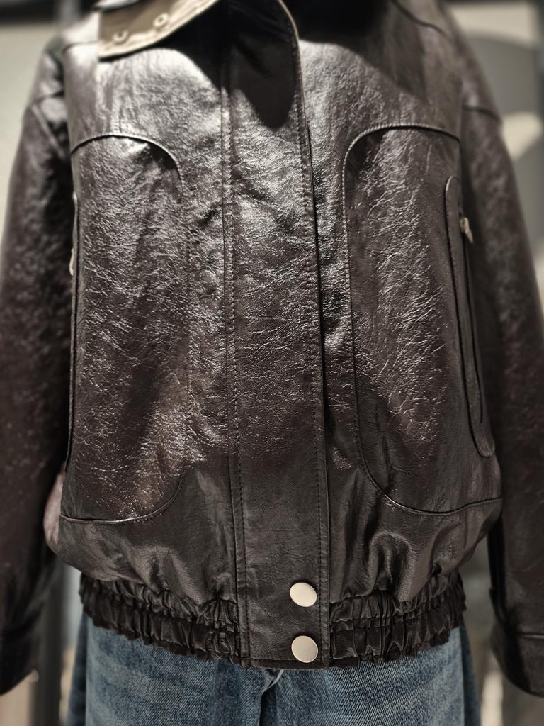 Color-Block High Neck Leather Jacket D254PSG261