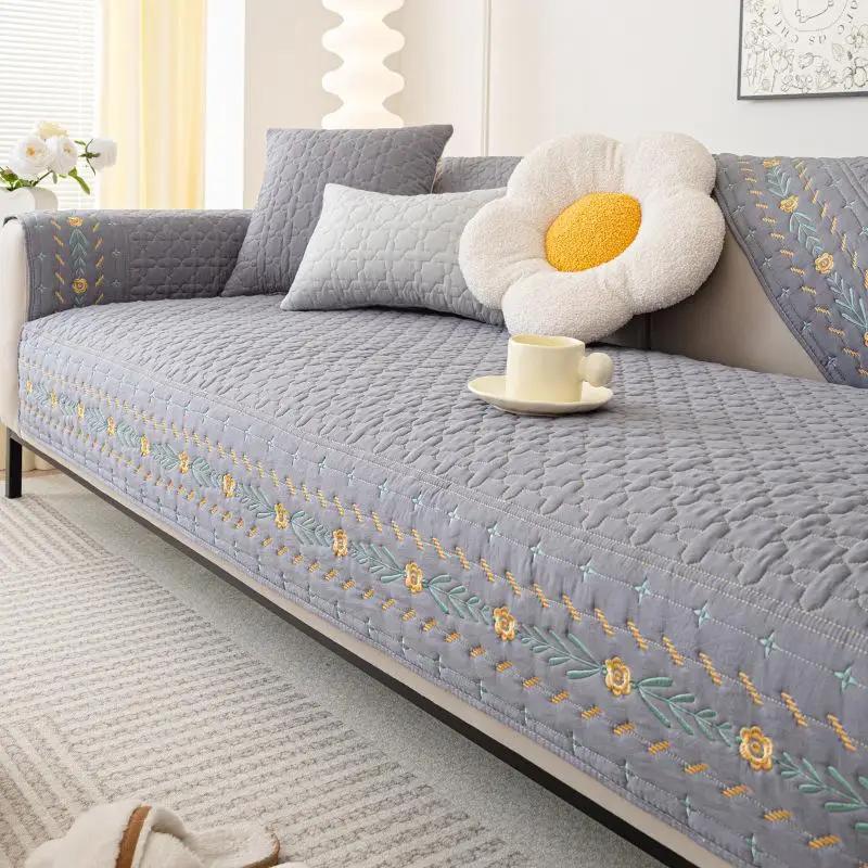 Fashion Nordic Sofa Mat Simple Embroidery Water Washed Cotton Dustproof Couch Cover Soft Anti Slip Furniture Protective Sleeve