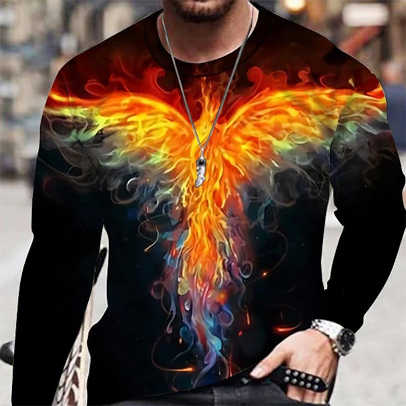 Men Long Sleeve Crewneck Print Fierce Animal Pattern Y2K Fashion Men's Shirt Long Sleeve Street Retro Style Men's Wear