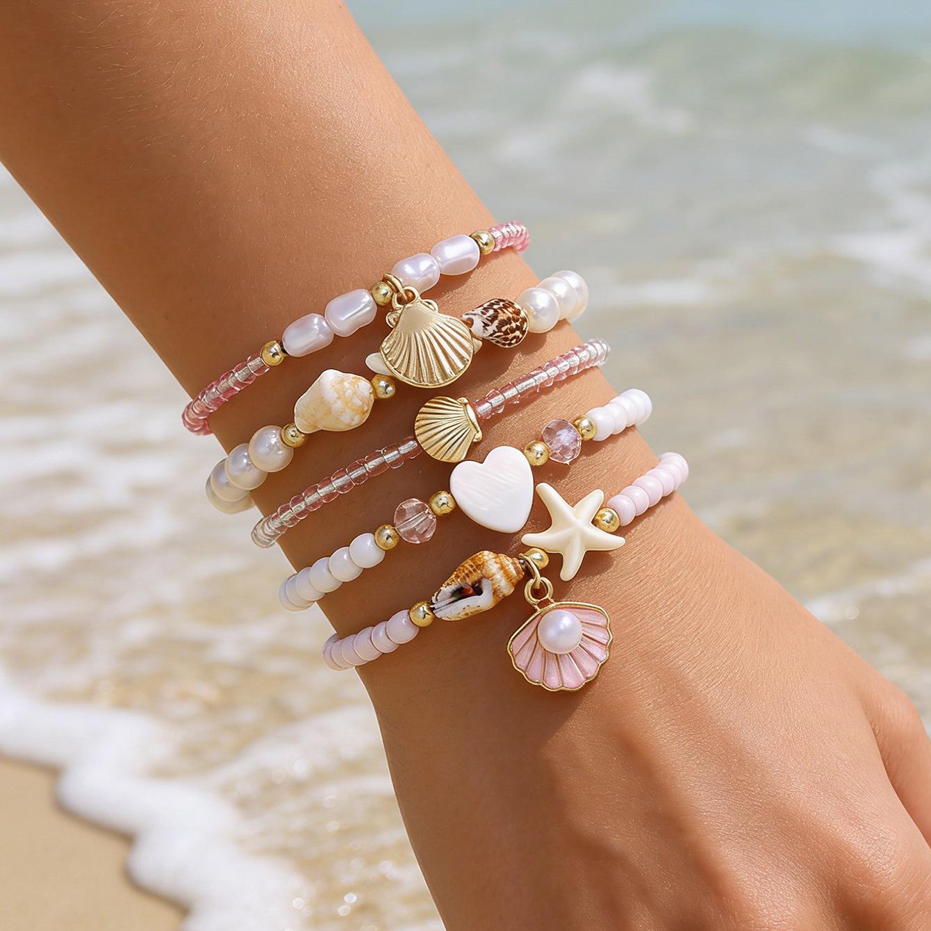 Ocean Wind Vacation Couple Bracelet Set Starfish Shell Bracelet Bohemian Pearl Stacked Bracelet