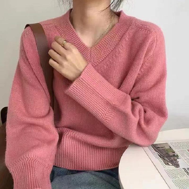 Solid Color Soft Waxy V-neck Sweater Women's Autumn and Winter Long-sleeved Outer Wear Pullover Top Bottoming Knitted Sweater