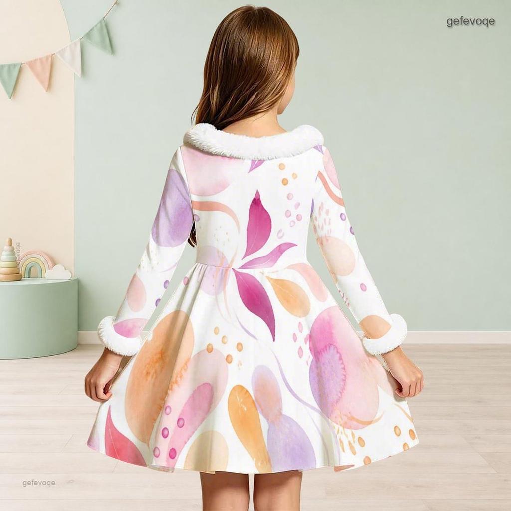 Girls Furry Trim High Neck Long Sleeve Printed Tie Waist A Line Flared Dress