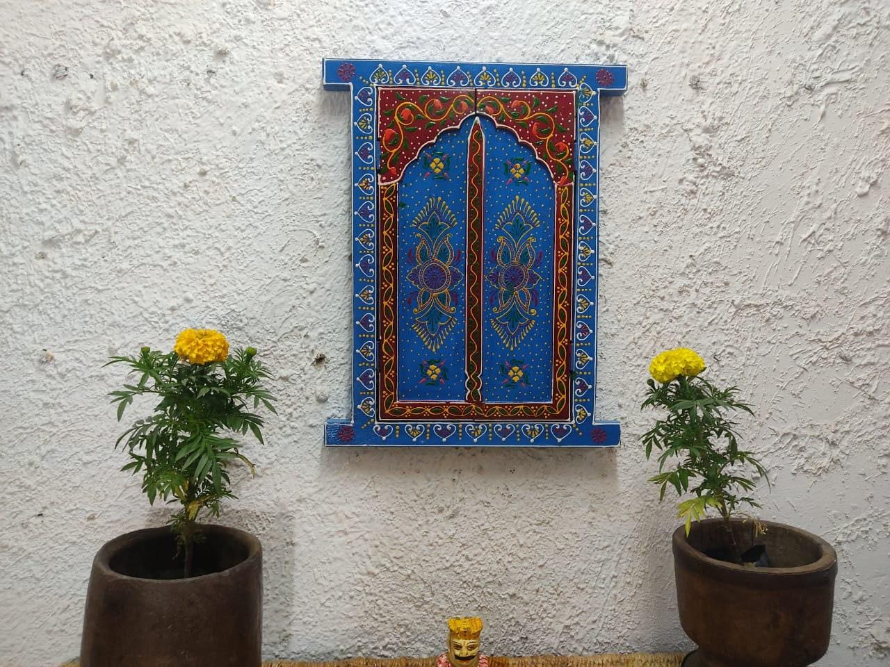 Blue Embossed Indian Jharokha Window: Handmade Painted Wood Wall Decor разноцветный