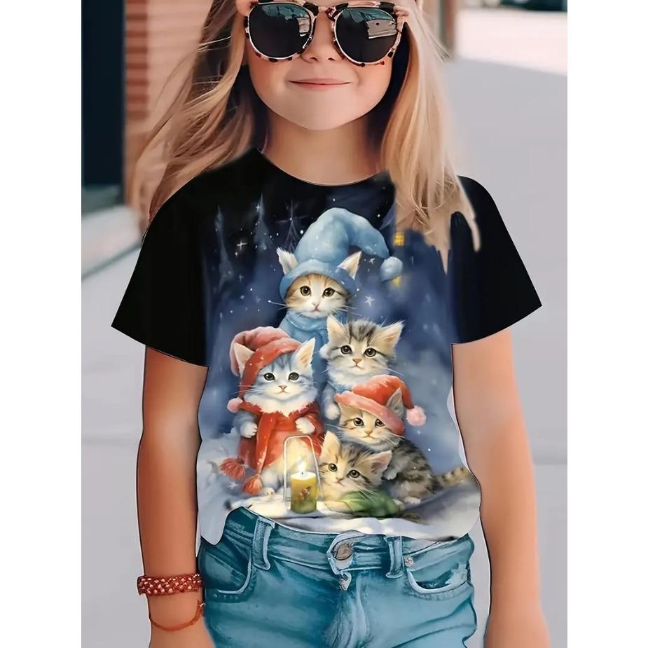 Kids T-Shirts Children's Loose, Comfortable, Breathable, Cute Casual Animal Print Pattern Girl's Pullover Short Sleeved Tee Shirt