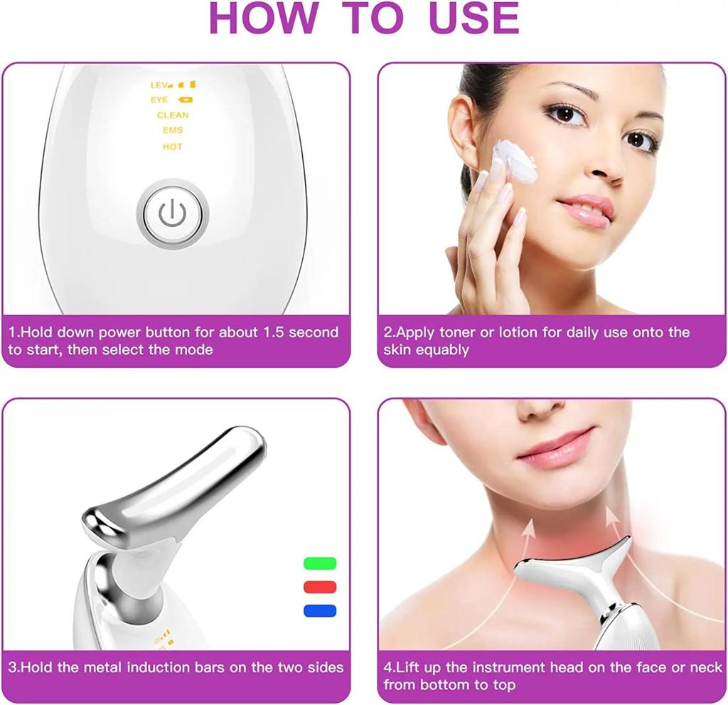 Electric Neck Massager Facial Lift Device with 3 LED Light Modes, Skin Tightening Double Chin Remover Anti Wrinkle Beauty Instrument