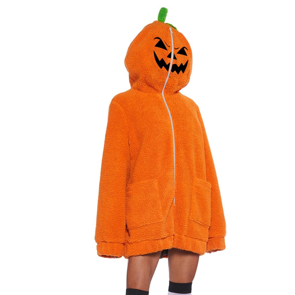 Women's Fashion Casual Halloween Pumpkin/ Face Print Flannel Long-Sleeve Zip-Up Hoodie
