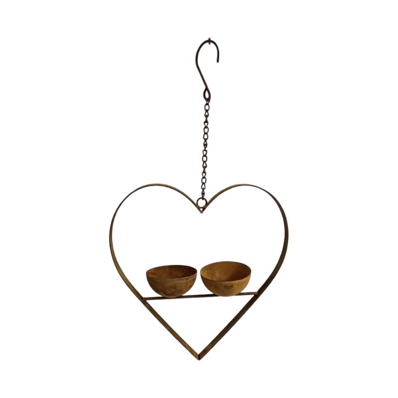 Garden Bird Feeder Hanging Piece With Heart Frame Metal Frame, Two Bowls for Water and Bird Food on Porch Balcony Walls and Tree Posts