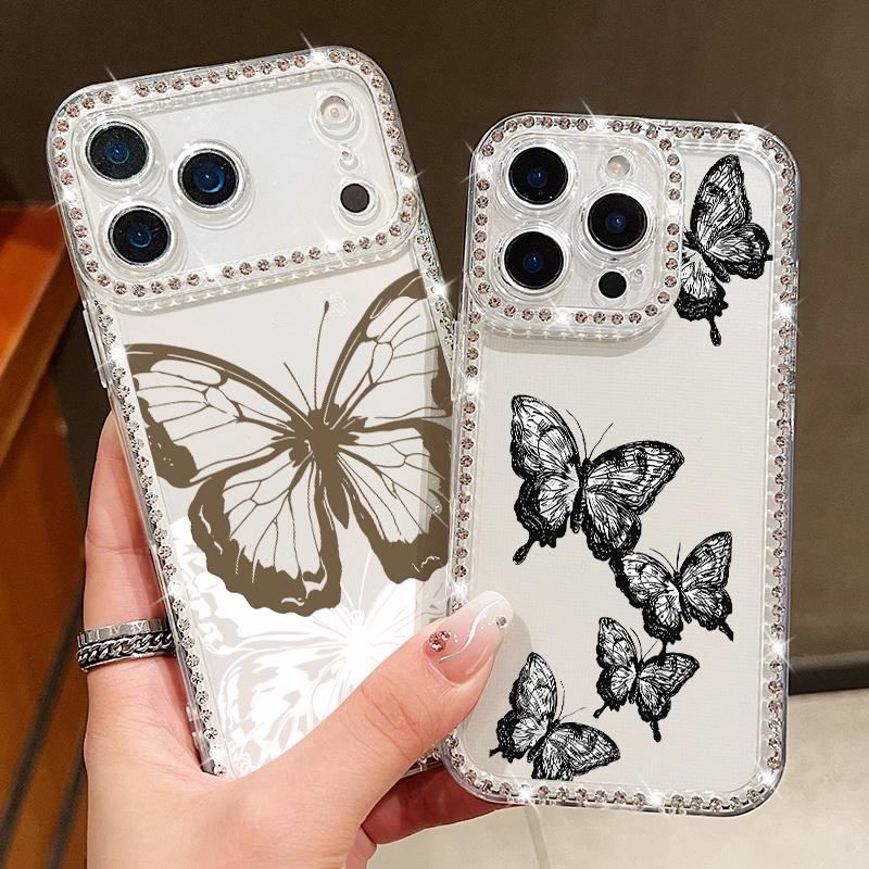 Luxury Bling Diamond TPU Phone Case For iPhone 17 Air 16e 16 14 15 13 17 Pro Max 15 16 Plus 17 Simple Butterfly Print ShockProof Case Cover