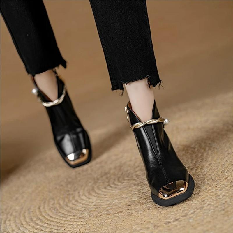 Fashion Block Heel Single Boots Autumn New Metal Pointed Toe Pearl Buckle Side Zip Non-Slip Naked Boots