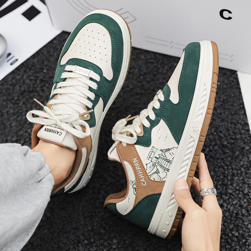 Fashion Color Matching Breathable Leather Splicing Men'S Board Shoes Work Leisure Daily Sports Men'S Shoes