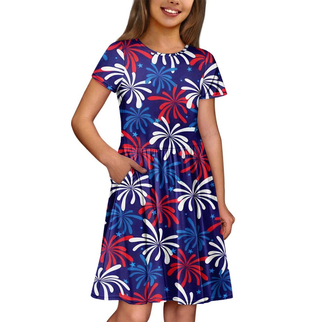 Mädchen Sommerkleid Einfarbig & Druck Ärmelloses Kleid mit Tasche Freizeitkleid Kurzarm Partykleid