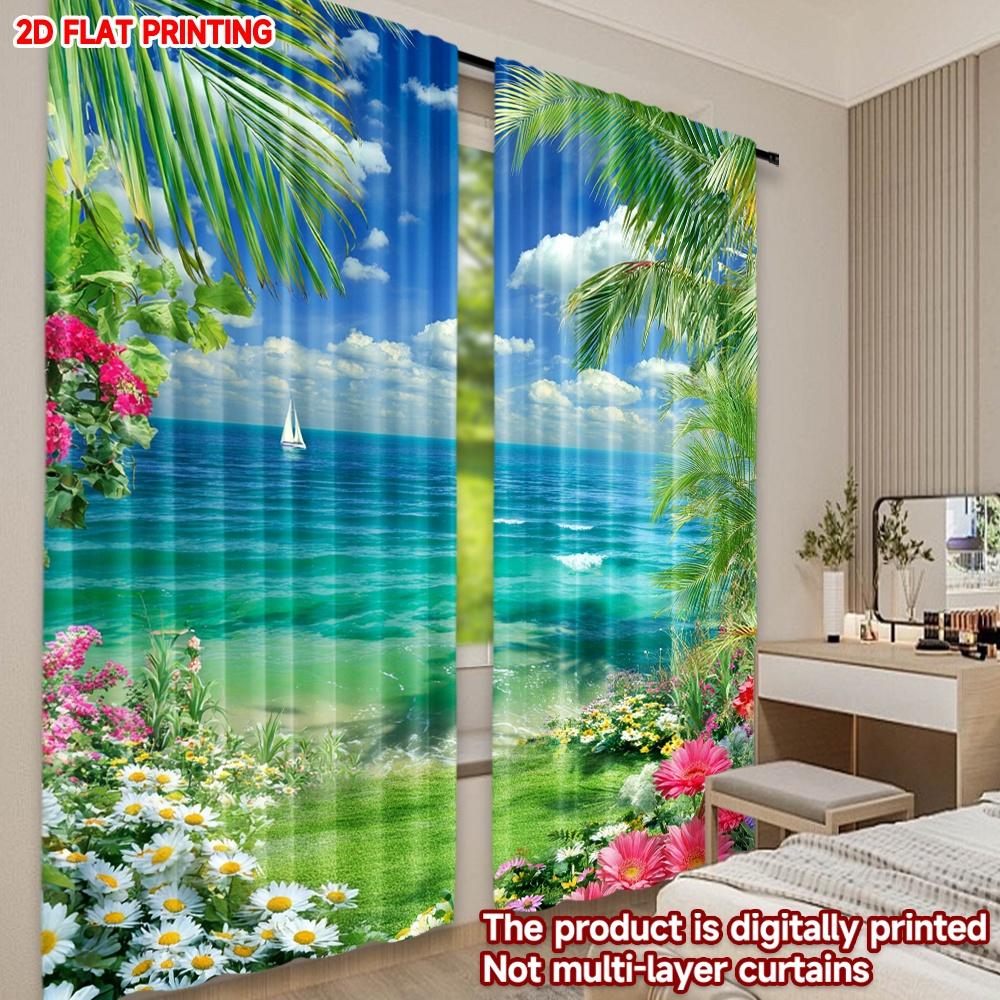 Set Of 2 Tropical Beach Curtains Ocean View Palm Trees Colorful Flowers Light Blue Background Living Room Curtain Polyester Ideal For Great