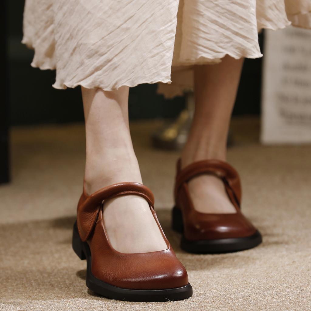 Johnature Retro Genuine Leather Women's Shoes Soft Soled Comfortable All Season Mid Heel Pumps