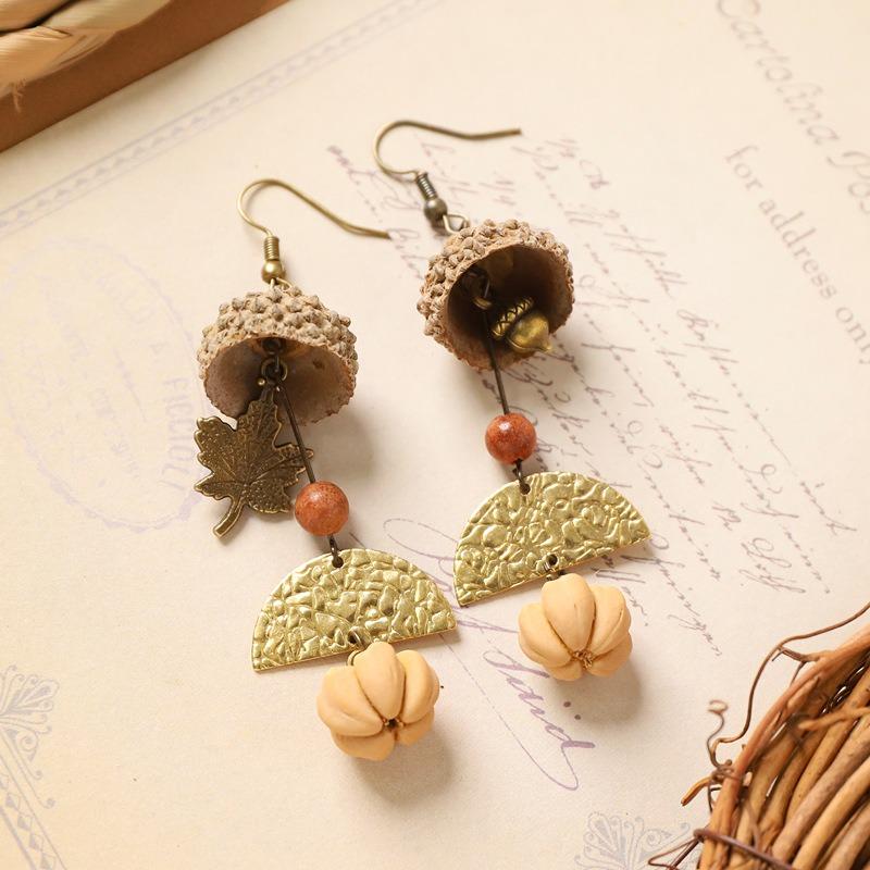 Retro natural plant earrings handmade creative niche acorn fruit long fringed design women's earrings