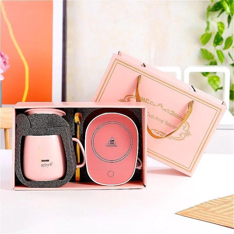 Gift Box Ceramic Cup with Spoon and Storage Bag Set Folding Spoon for Portable Meals 55 Degrees Thermostat Cup