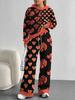 European, American autumn and winter blue splicing flower casual long-sleeved suit women's hooded sweater trousers two-piece set
