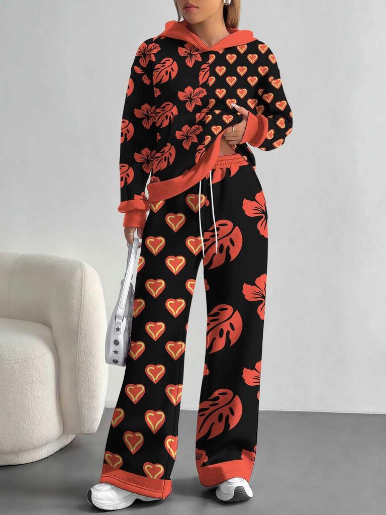 European, American autumn and winter blue splicing flower casual long-sleeved suit women's hooded sweater trousers two-piece set
