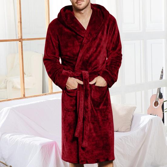 Long Sleeve Pockets Belt Solid Color Men Bathrobe Winter Warm Hooded Fleece Lengthened Nightgown Sleepwear