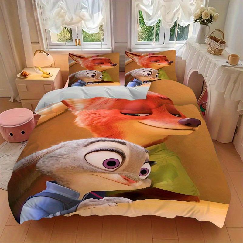 3pcs Cartoon Zootopia Nick & Judy Printed Quilt Set - Includes 1 Quilt Cover and 2 Pillowcases, Machine Washable - Suitable for All Seasons.S013