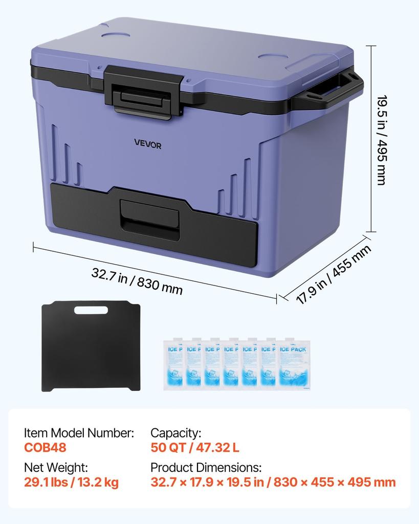 Hard Cooler, 47 L Portable Cooler, Leak-Resistant Coolbox Keeps Contents Cool for 48 Hours, Insulated Chests with Ice Retention and Heavy-Duty Handle,