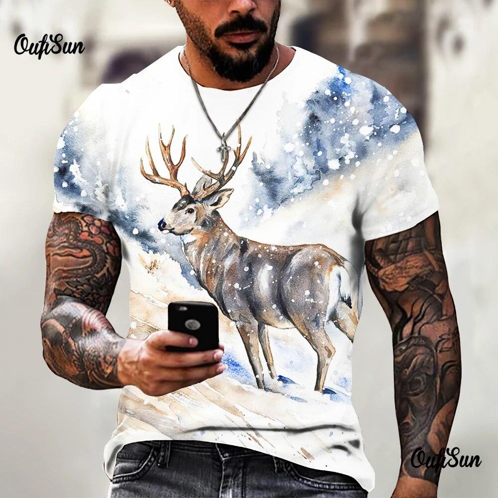 Vintage Elk 3d Printing Summer Short-Sleeved T -Shirt Men Casual Round Neck Pullover Oversized Men's T-Shirt Clothing