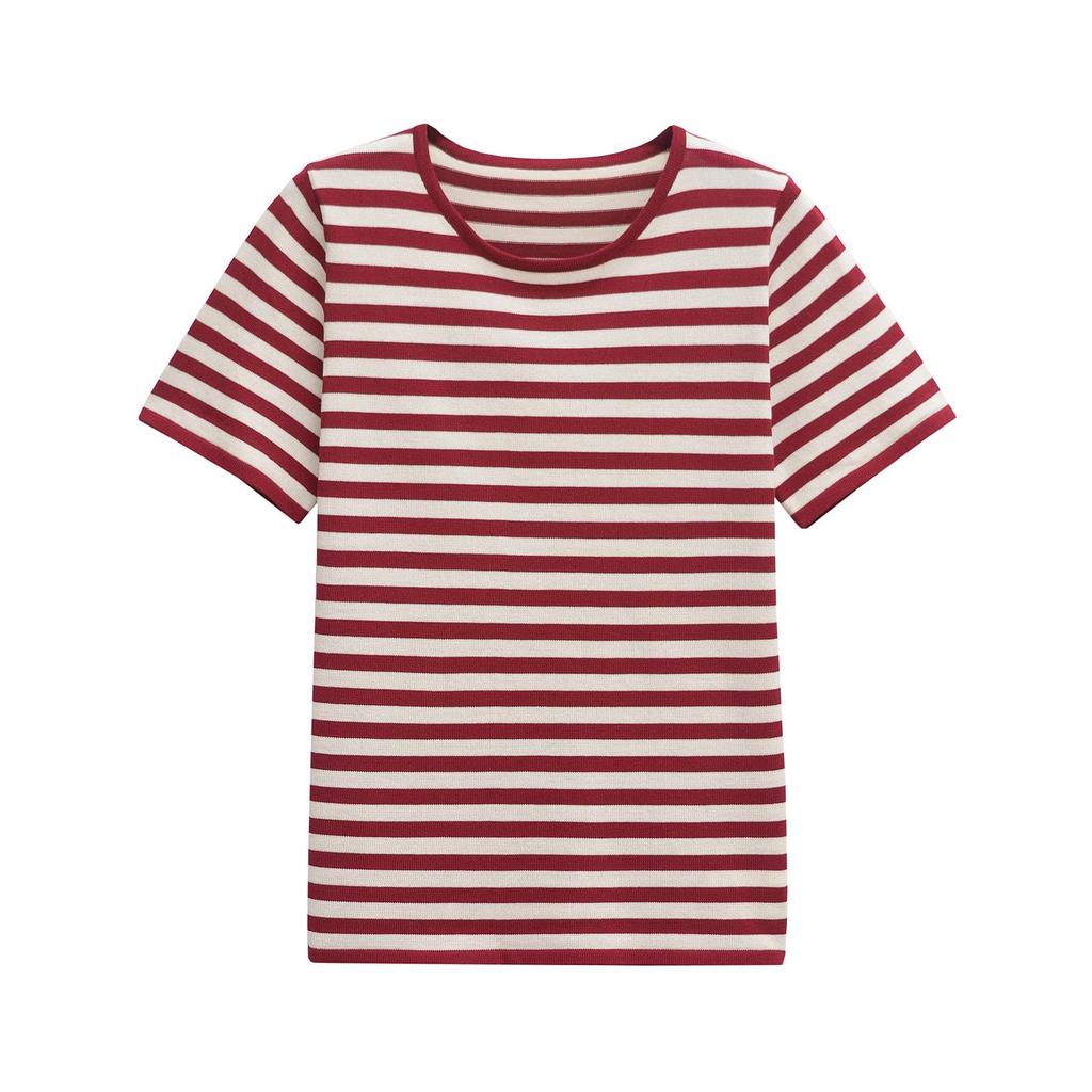 2025 Spring Women's Striped Short Sleeve Knitted Top - European & American Style Fashion