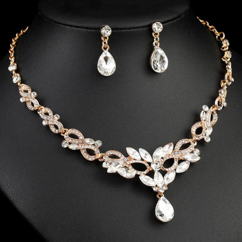 GemChic Women's New Exquisite Crystal Rhinestone Drops Leaf Sparkling Collarbone Necklace Earrings Two Piece Set Birthday Christmas Jewelry Gift