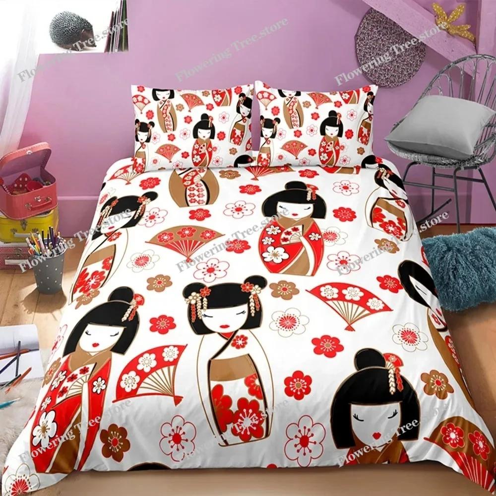Japanese Doll Duvet Cover King Queen Lucky Cat Fan Bedding Set for Kids Girls Asian Japan Cultural Polyester Quilt Cover