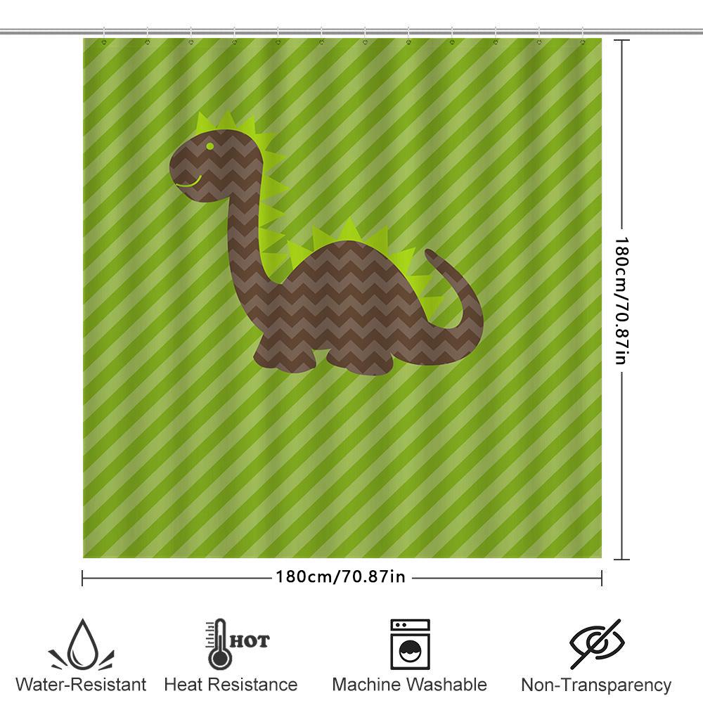 Kids Dinosaur Shower Curtain Green Brown Striped Pattern Waterproof Fabric Perfect For Bathroom Decor