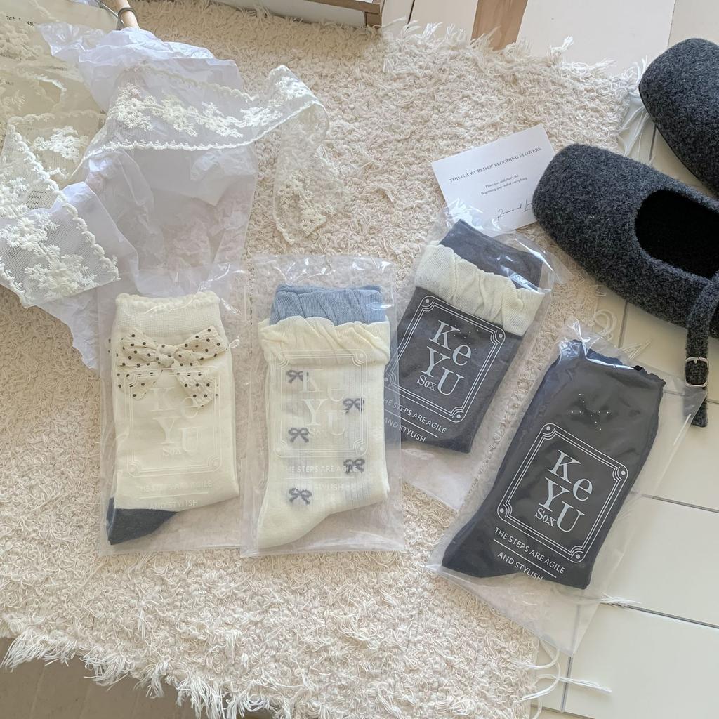 Flower Socks Women'S Autumn Sweet Double Bow Medium Tube Socks Color Matching Lace Stacking Socks