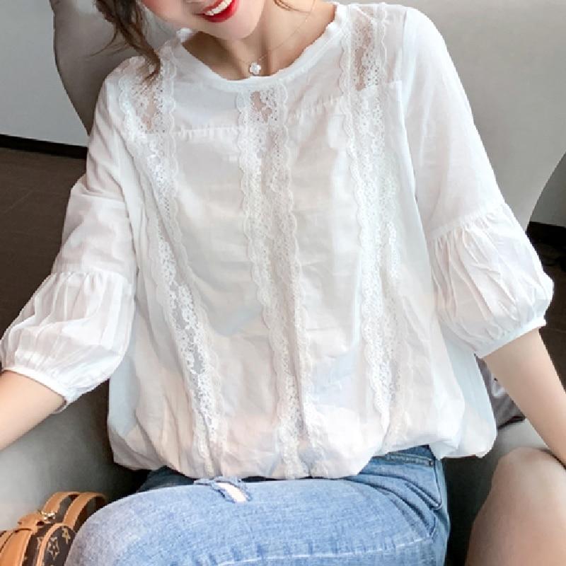Sweet Chic Floral Chiffon Lace Shirt Casual Lantern Sleeve White Blouses Women Korean Loose Ladies Tops Blusas Mujer 15204