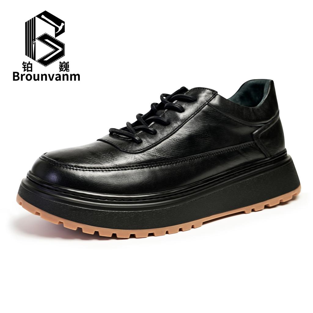 Bowei Leather British Style Business Men'S Shoes Leather Shoes Breathable Lace-Up Shoes Round Head Trend Thick Sole Breathable Leather Shoes