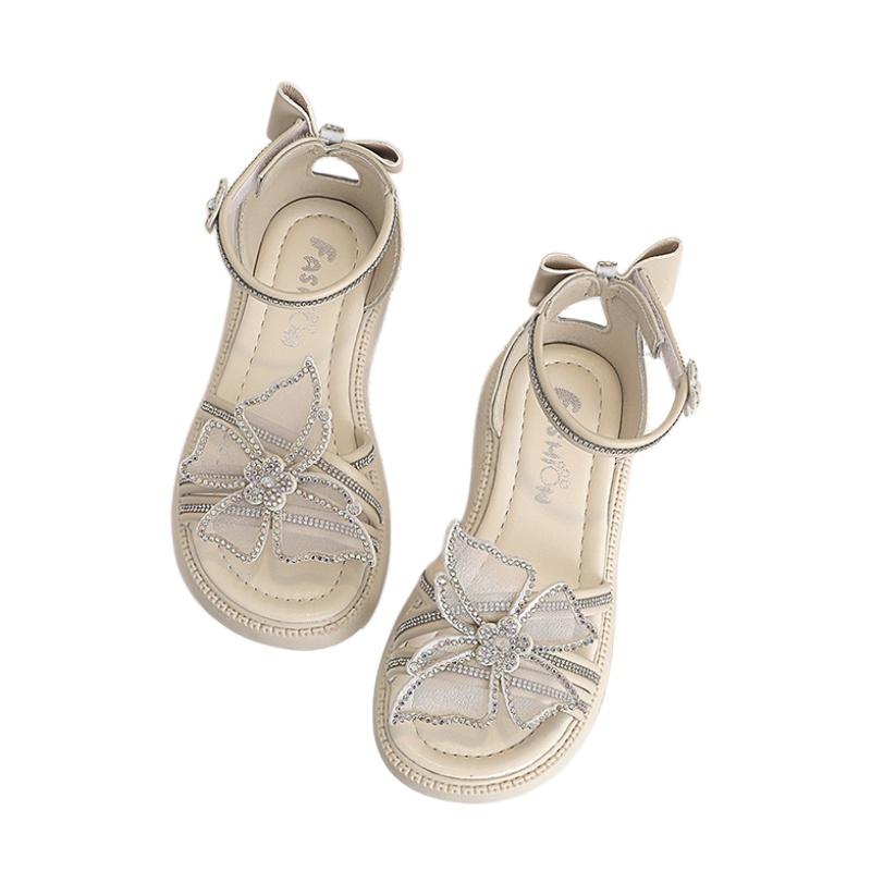 *Summer New Comfortable Bow Children s Casual Shoes Fashionable Elegant Round Toe Soft Princess Rhinestone Open Toe Flat Sandals 26