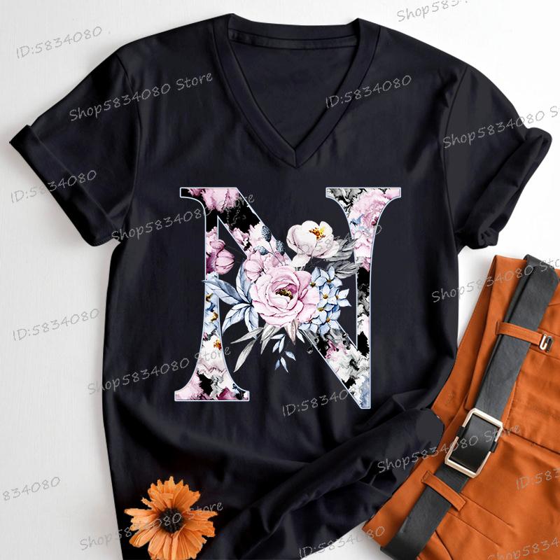 Womens Clothing AZ 26 Alphabet Flower Vintage Design Tshirts Retro Birthday Gift for Women Floral Letters A B C D Classic Top