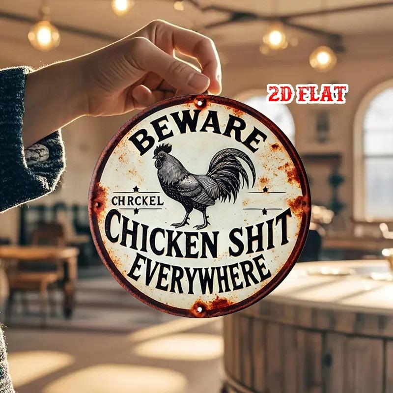 D Flatpc Beware Chicken Round Aluminum Sign  Humorous Farmhouse Decor  Retro Metal Sign for Home Garage Cafe Dining Room