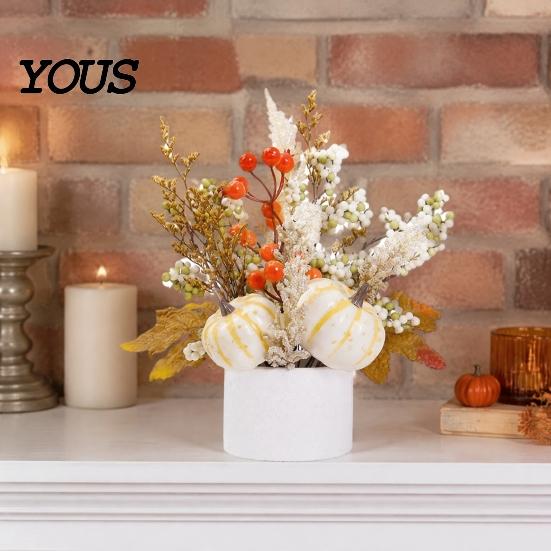 Small Potted Plant for Fireplace Fall Pumpkin Flower Arrangement, Artificial Maple Berry Halloween Indoor Decoration Thanksgiving, Harvest Home