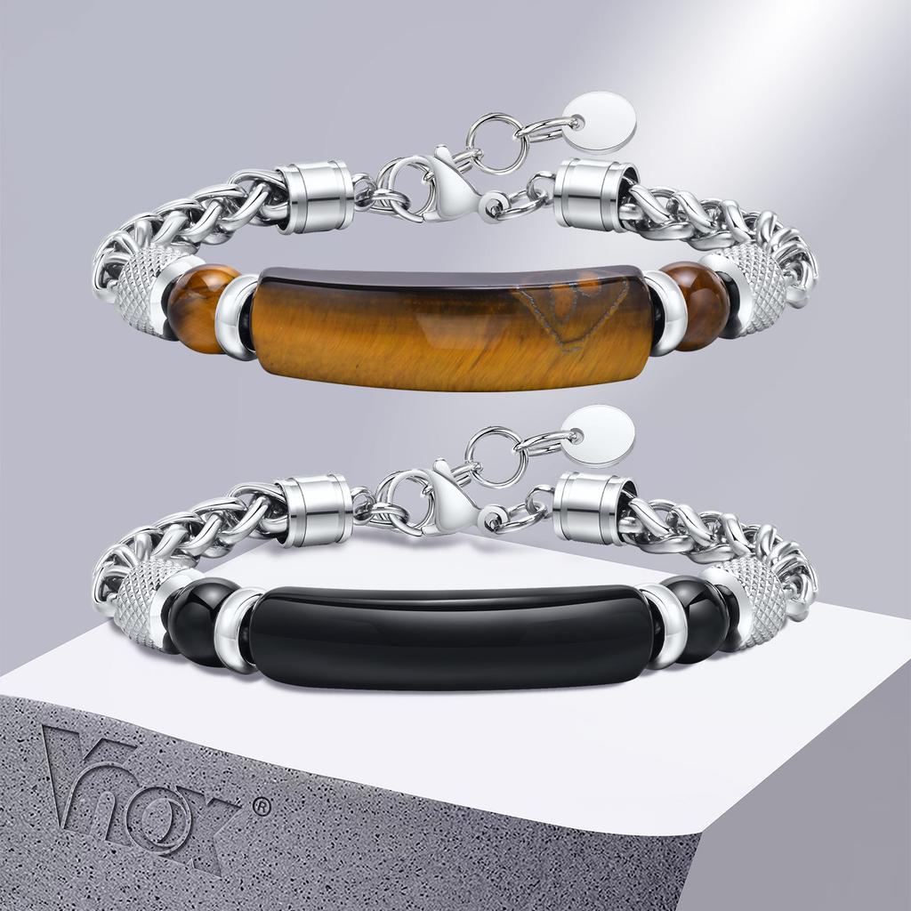 Natural Stone Bracelets for Men, Anti Allergy Stainless Steel Wheat Chain Wristband Gifts for Father Dad Birthday Christmas
