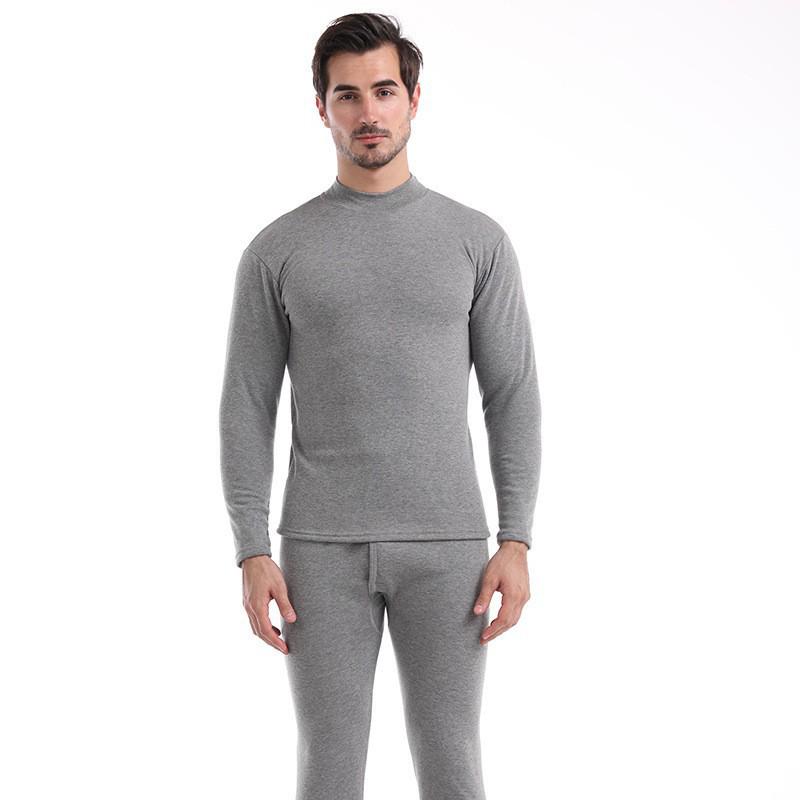 Men's Solid Color Brushed Plus Velvet Thermal Underwear Set for Autumn and Winter