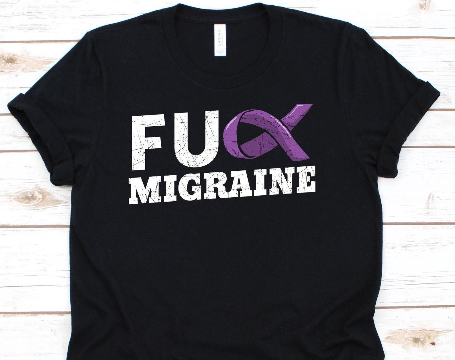 Fuck Migraine Shirt, Awareness Tshirt For Migraine Warrior Fighter Survivor, Migrane Ribbon For Men Women, I Hate Headaches Tee XL